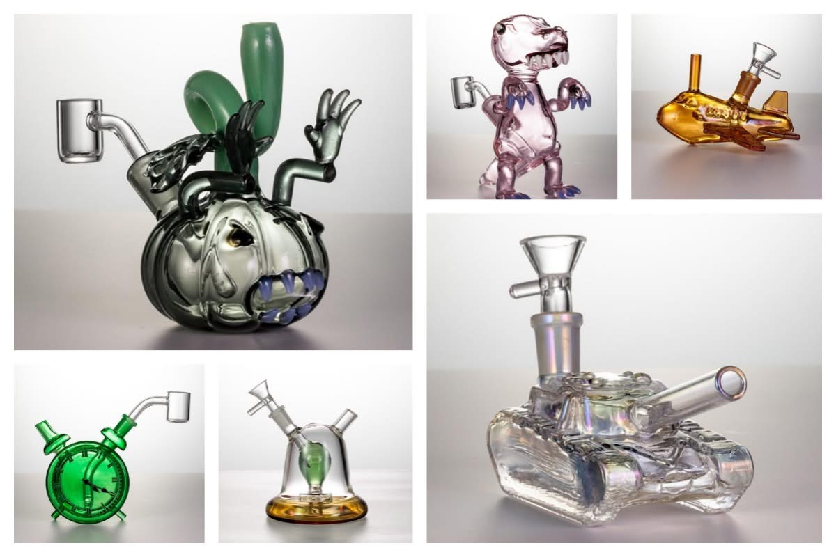 Colored glass pipe lineup showing stocked water pipes with ice pinches