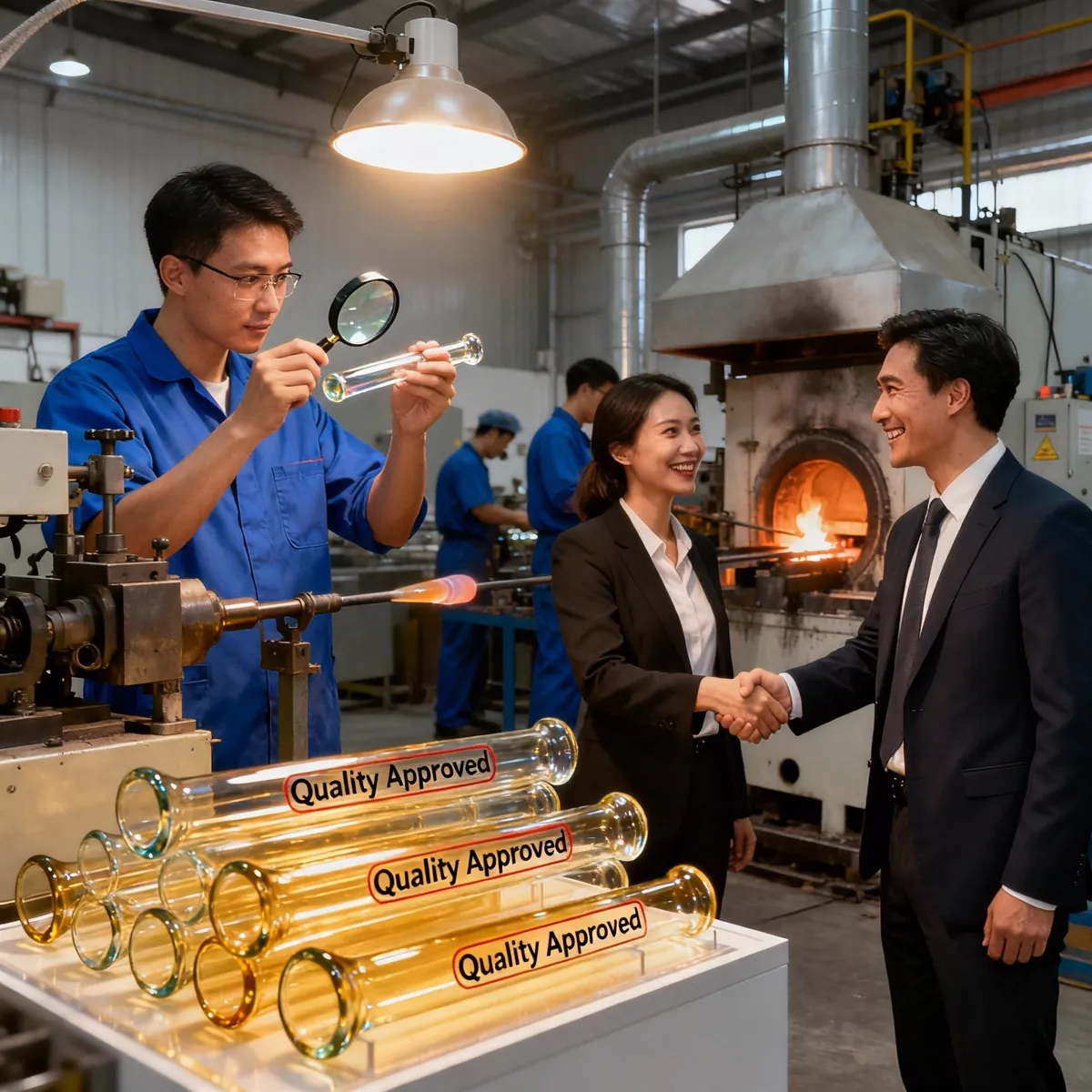 Factory technician inspecting quality approved glass tubes as partners shake hands