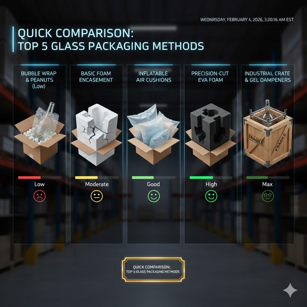 Glass packaging methods comparison infographic showing bubble wrap foam air cushions EVA foam and industrial crate