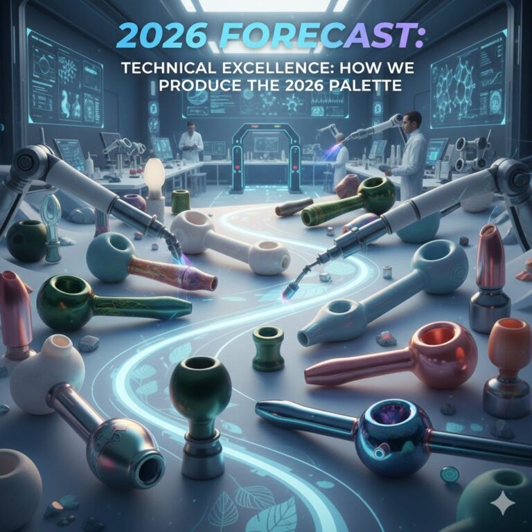Cover graphic with robotic arms crafting colorful glass pipes for the 2026 palette forecast