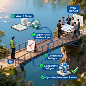 Bridge illustration showing four step product process from vision design through expert review to collaborative dialogue