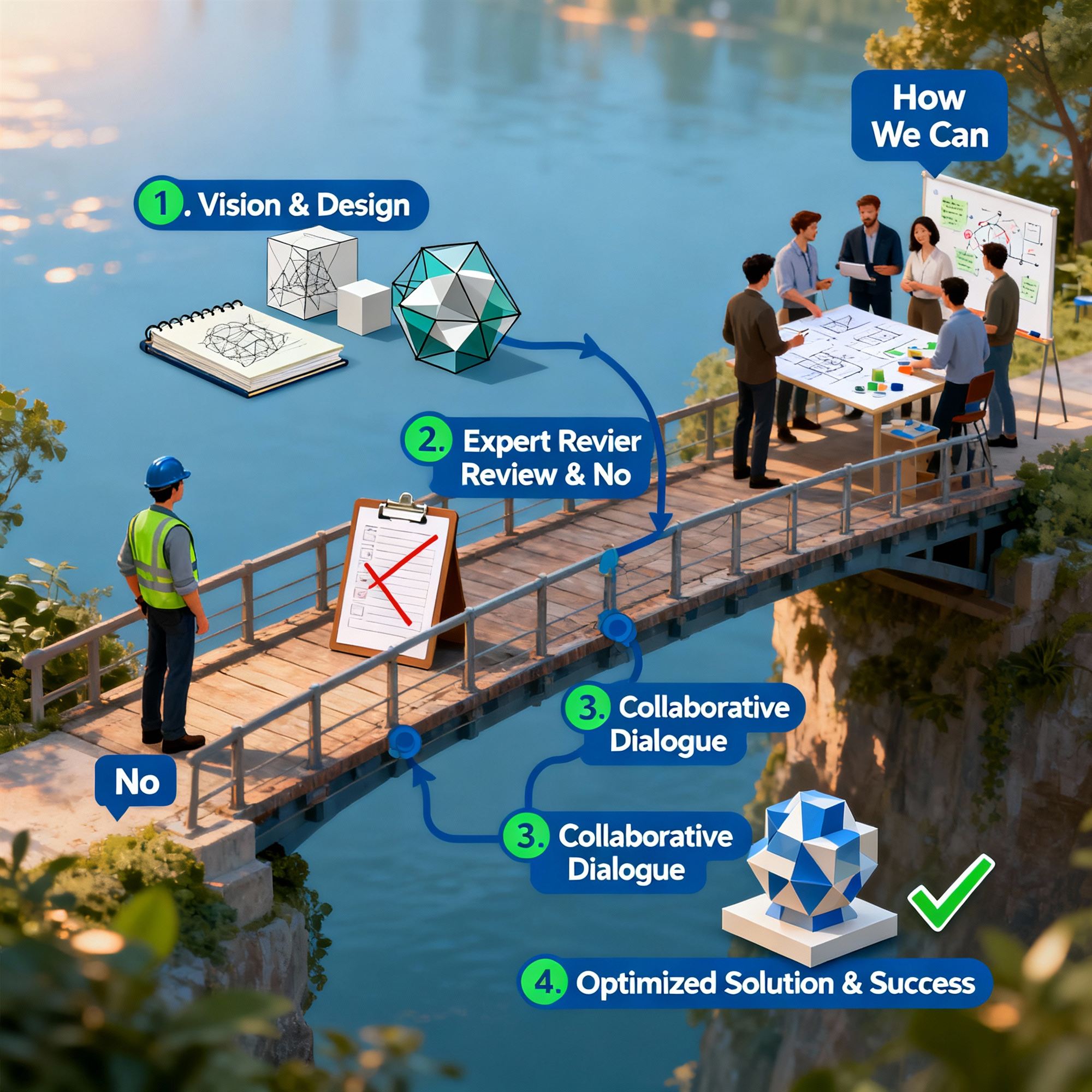 Bridge illustration showing four step product process from vision design through expert review to collaborative dialogue