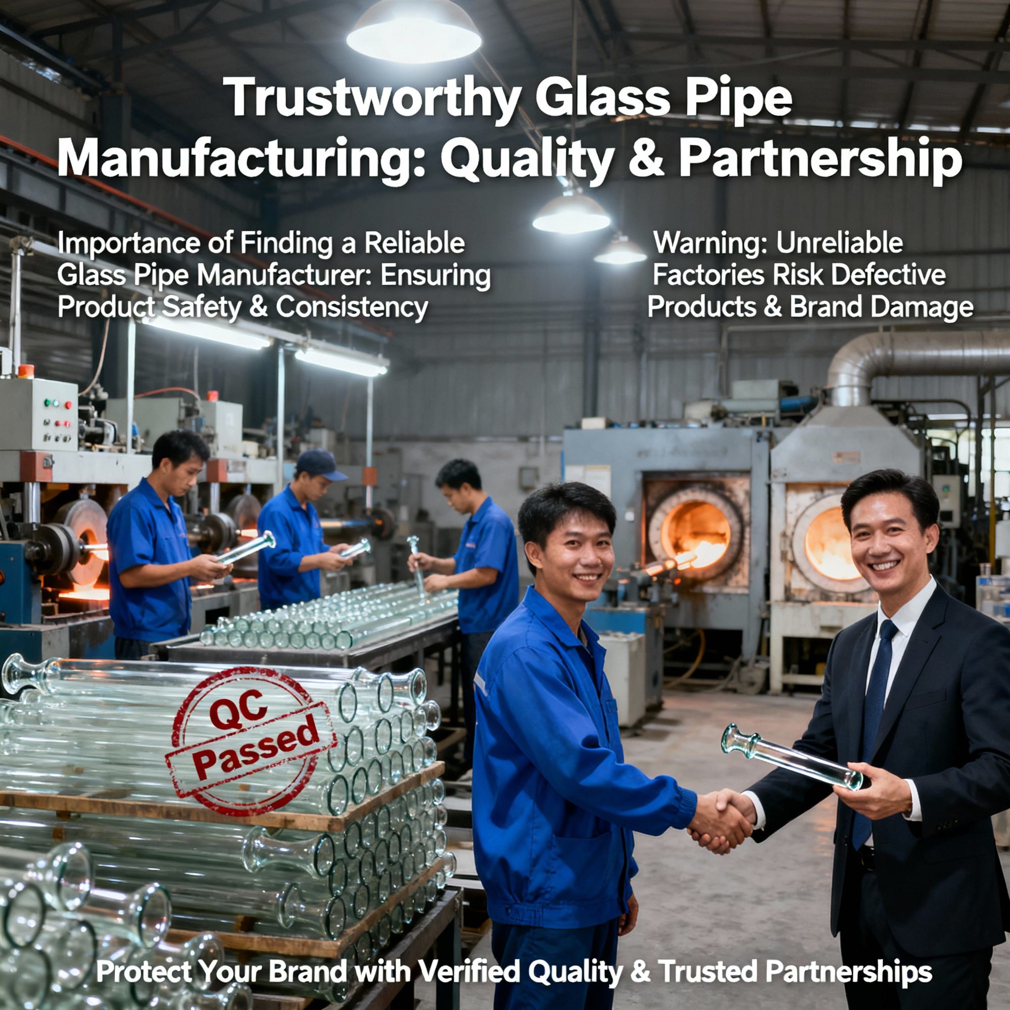 Glass pipe factory workers shaking hands with QC passed stamp over stacked clear glass pipes