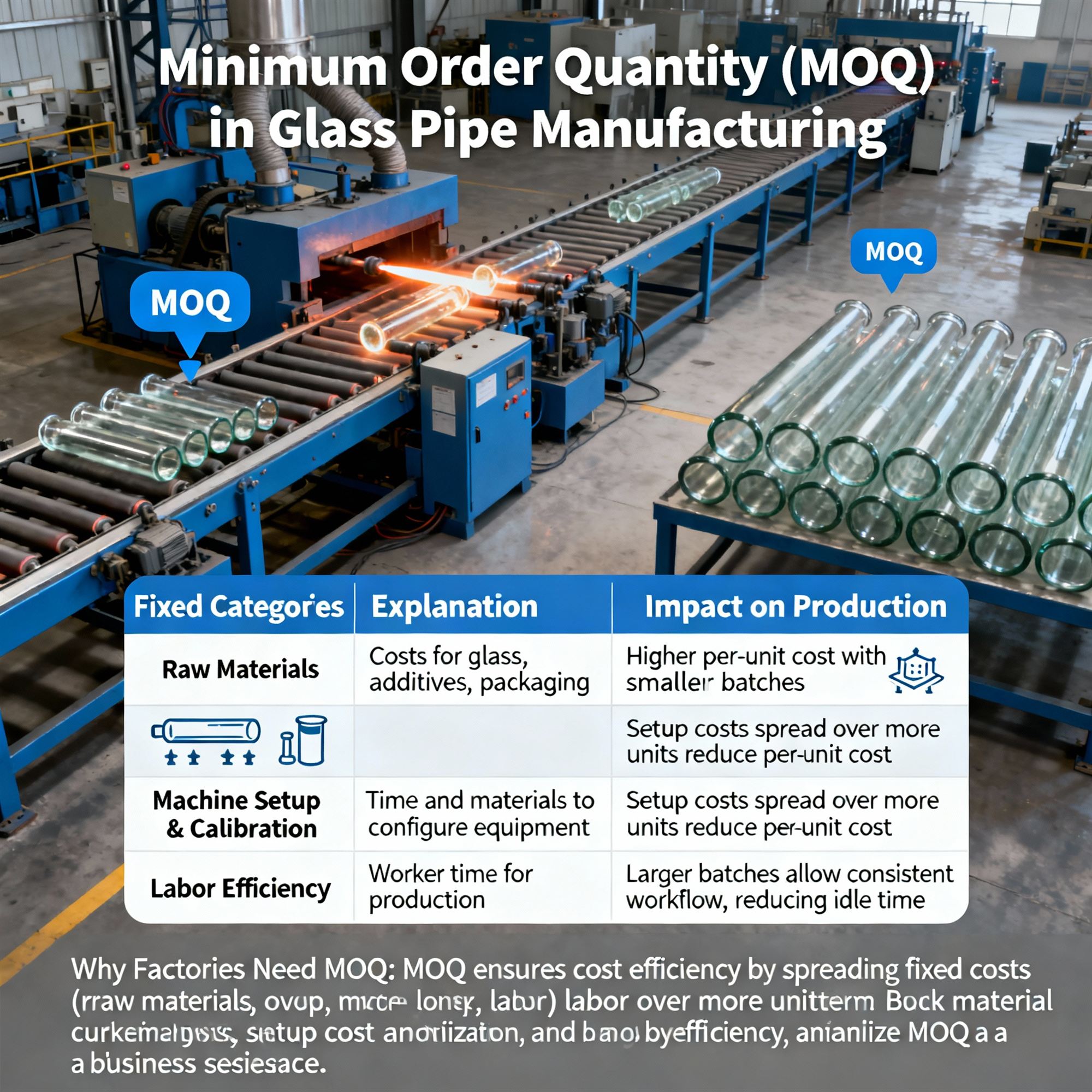 Infographic explaining minimum order quantity in glass pipe manufacturing with conveyor production line and cost table