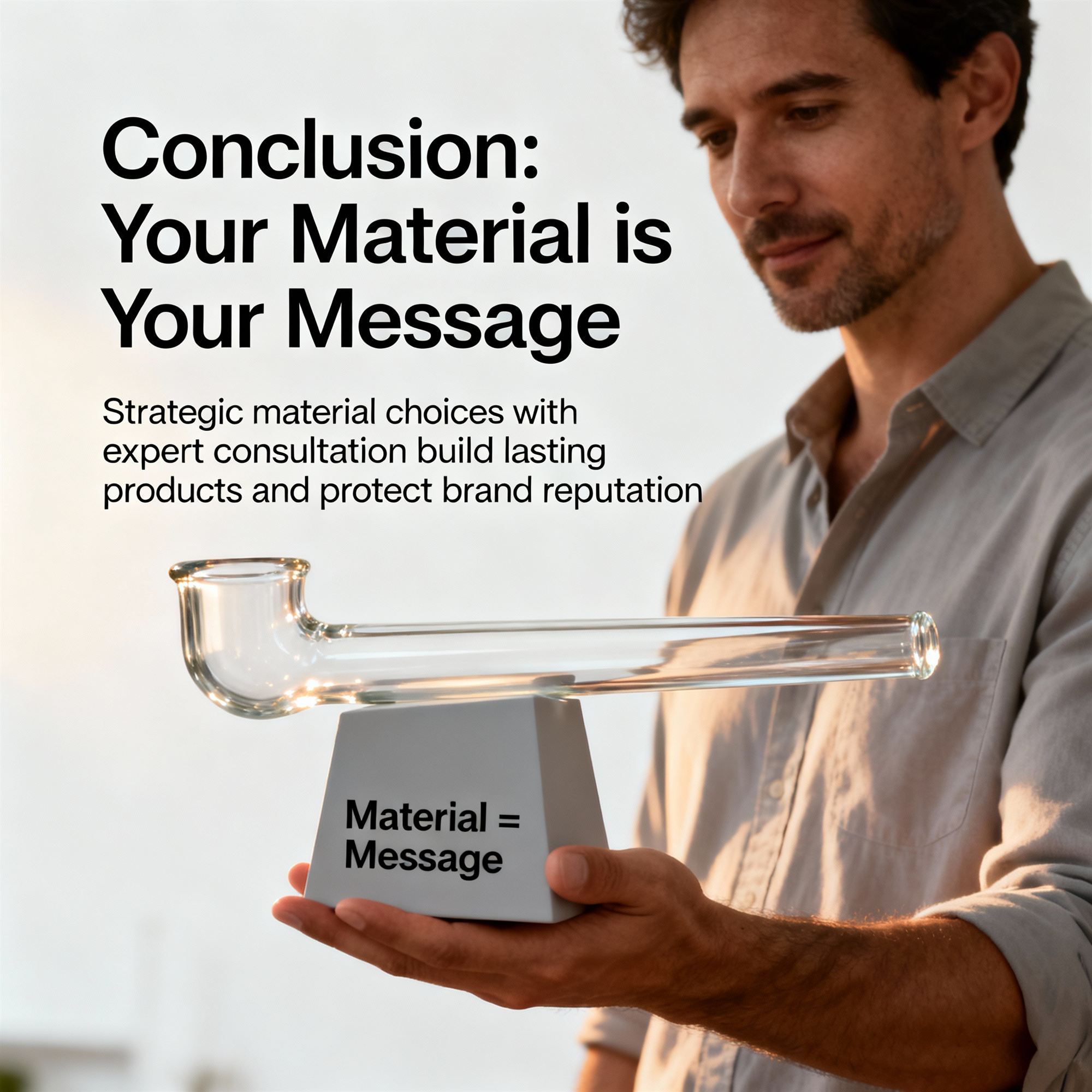 Man holding clear borosilicate glass pipe on engraved base illustrating material choice as brand message