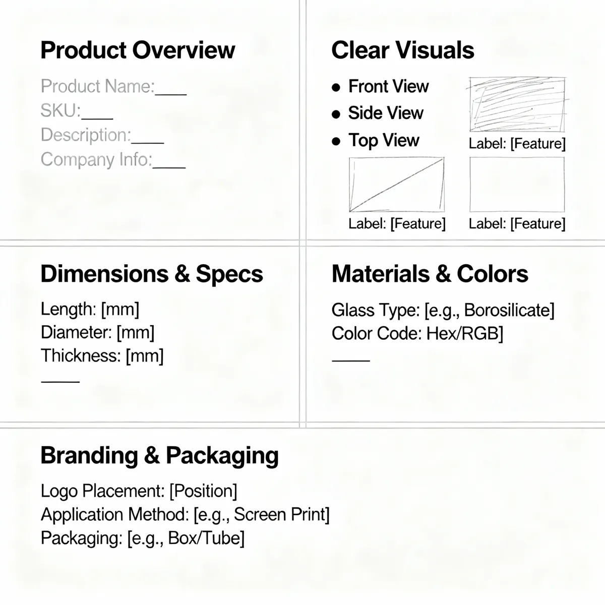 Blank glass pipe OEM specification form with dimension material and branding fields