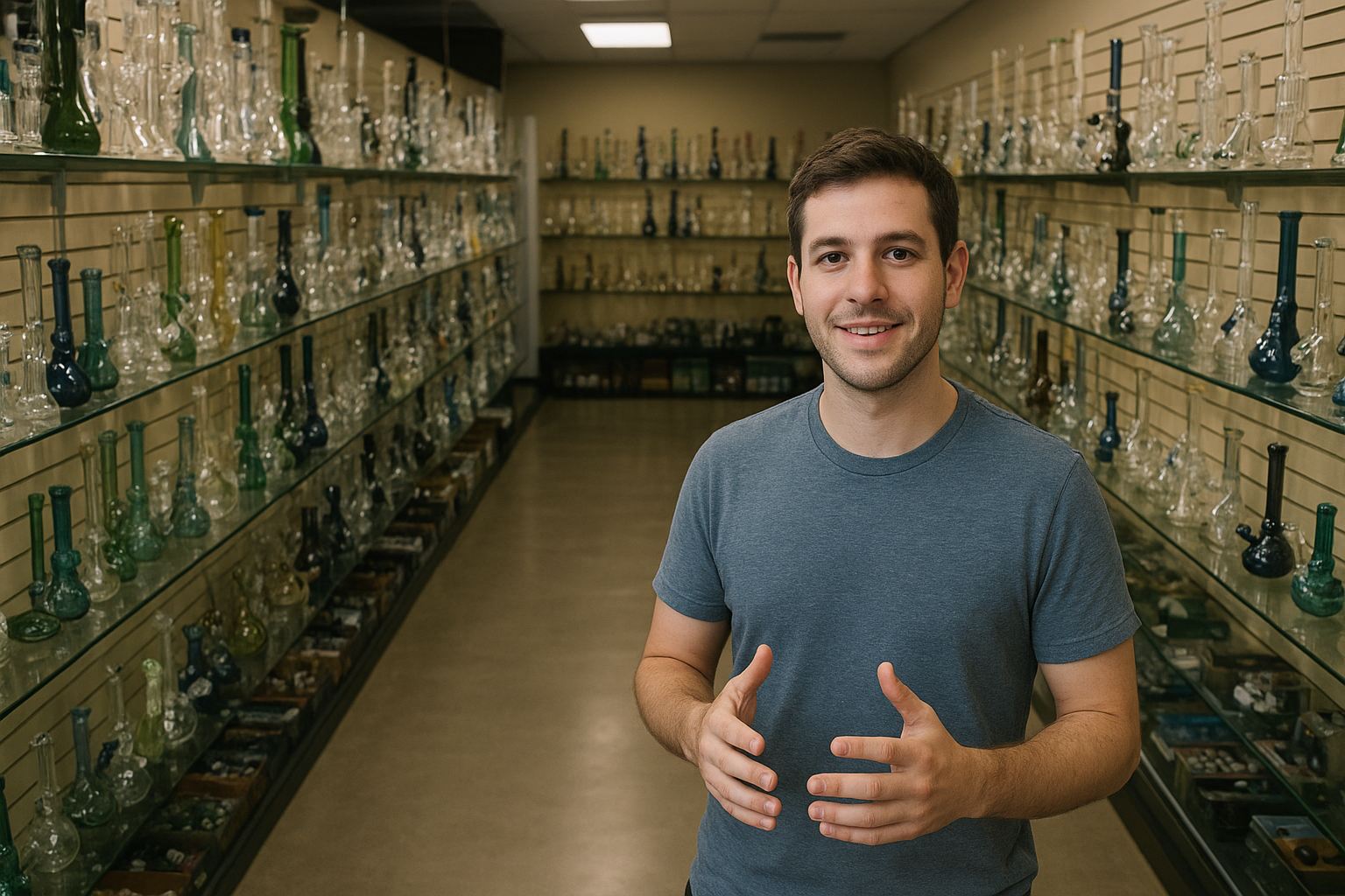 Salesman presenting glass pipes and bongs on retail showroom shelves, wholesale glassware display aisle