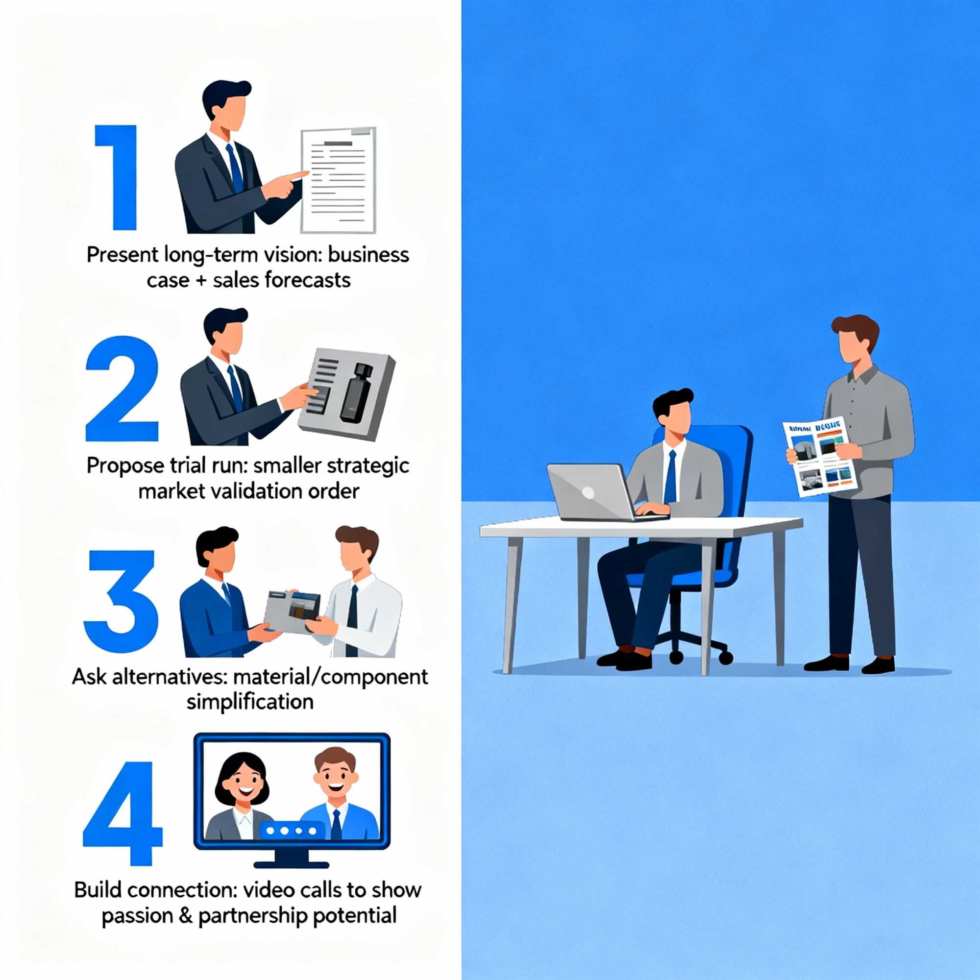 Four step business engagement infographic covering vision presentation trial orders material alternatives and video calls