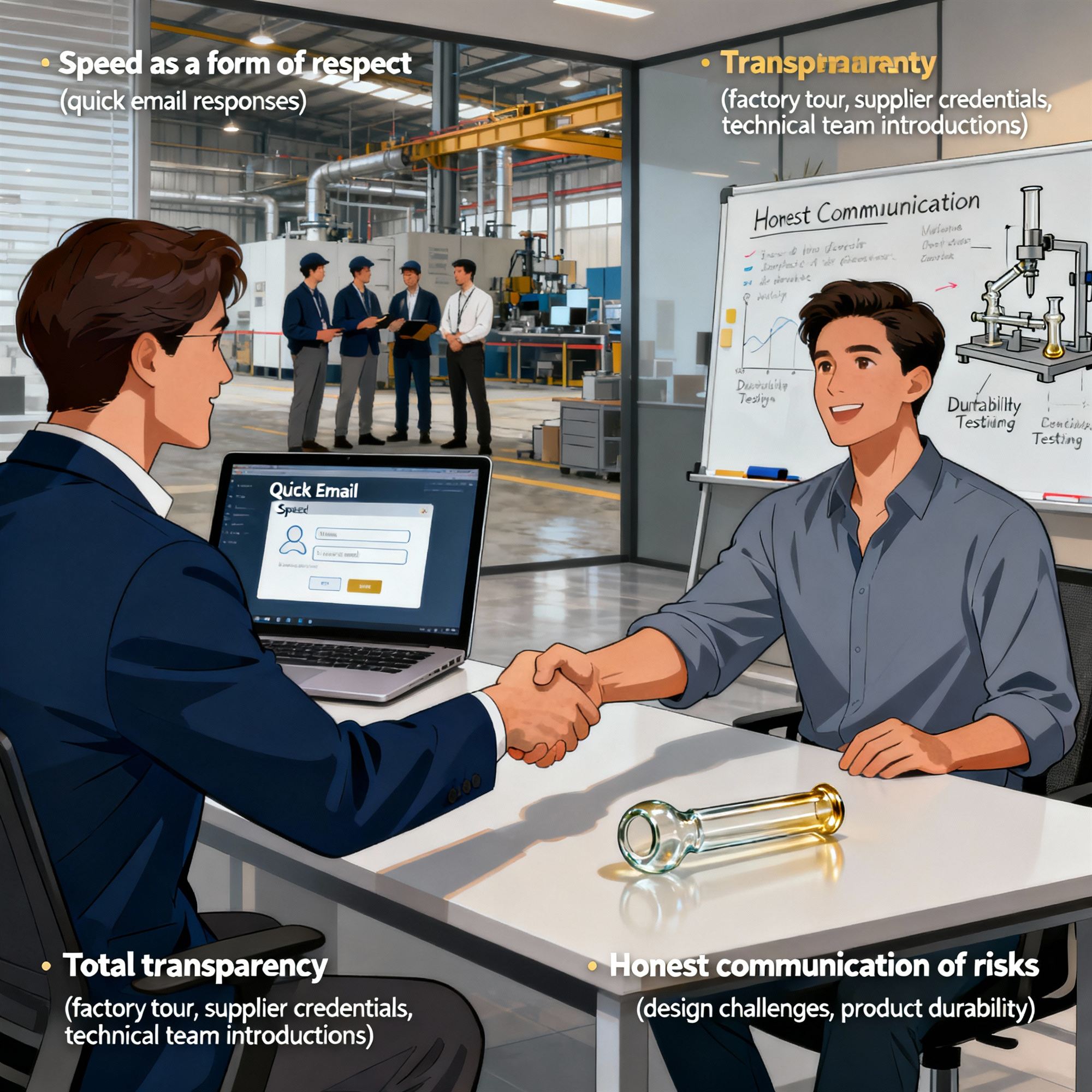Illustration of glass pipe supplier business meeting handshake highlighting fast email response and factory transparency