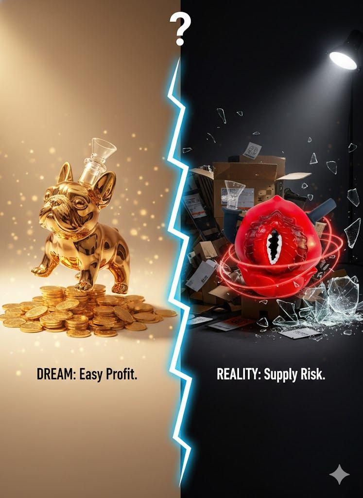 Infographic contrasting easy profit dream with supply chain risk reality for glass pipe wholesale sourcing