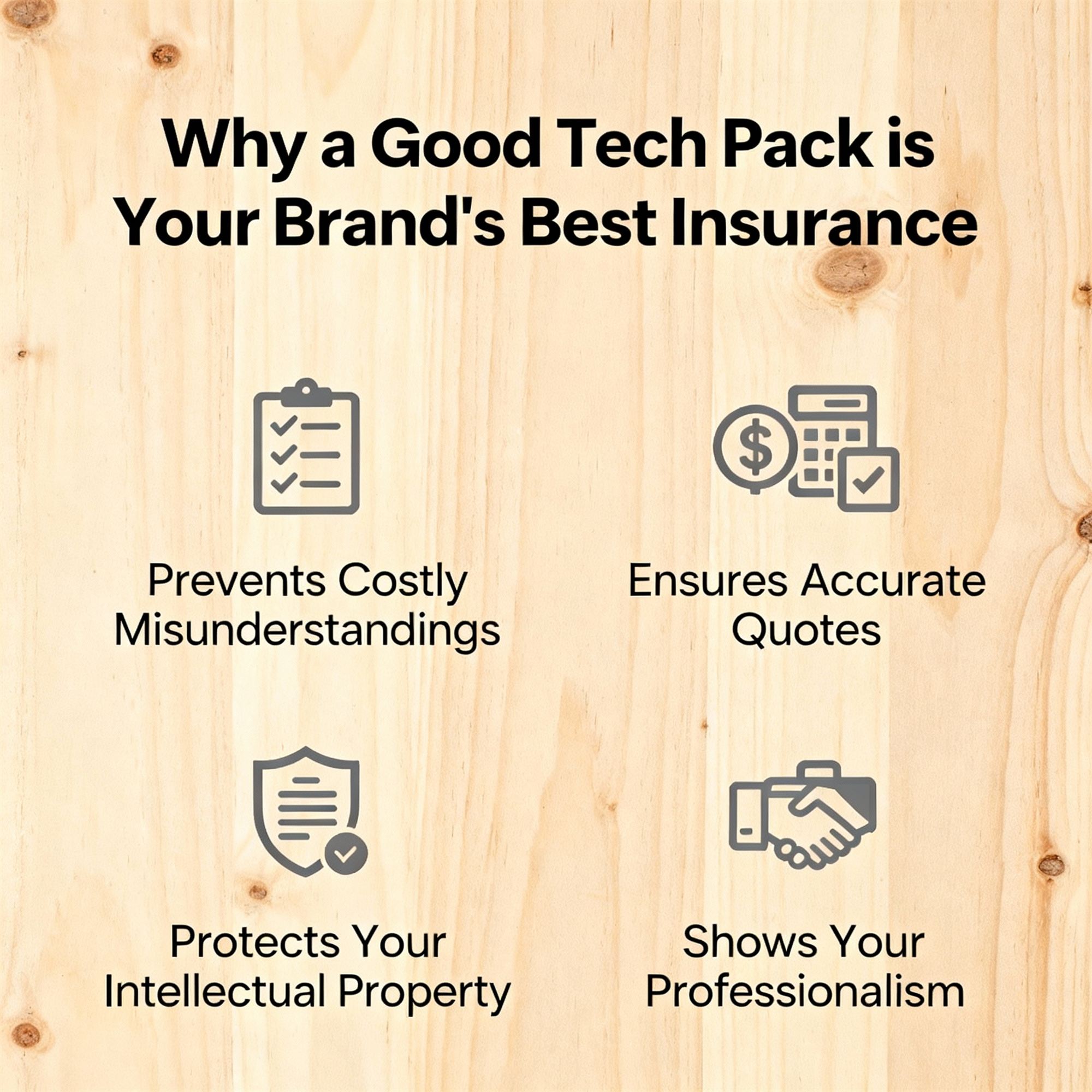 Marketing graphic listing tech pack benefits preventing misunderstandings ensuring quotes and protecting intellectual property