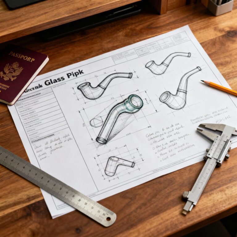 Hand-drawn glass pipe technical blueprint on wooden desk with ruler caliper pencil and passport design tools