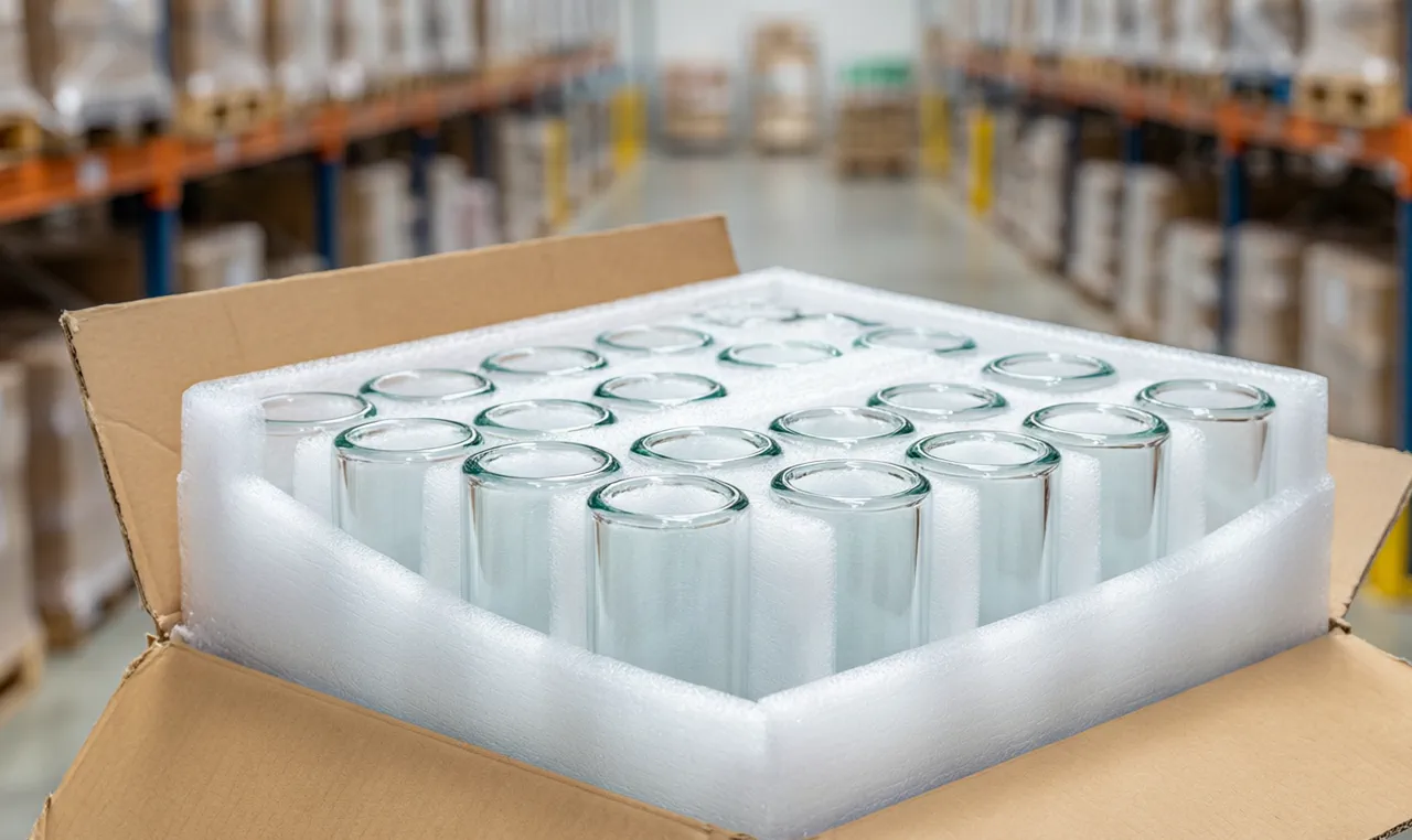 Thick-walled glass water pipes wrapped in foam packaging ready for shipping