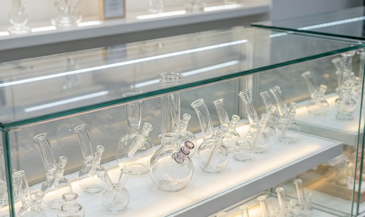 Glass pipes with different wall thicknesses displayed on retail store shelves