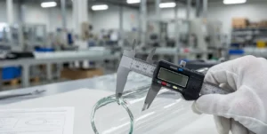 Digital caliper measuring glass pipe wall thickness at factory QC bench