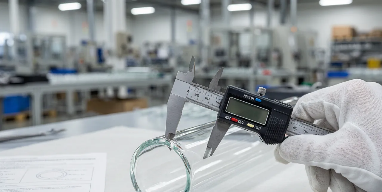 Digital caliper measuring glass pipe wall thickness at factory QC bench