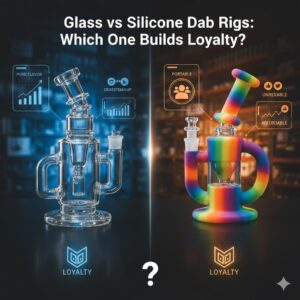 Comparison infographic contrasting clear glass dab rig pure flavor with rainbow silicone dab rig portability