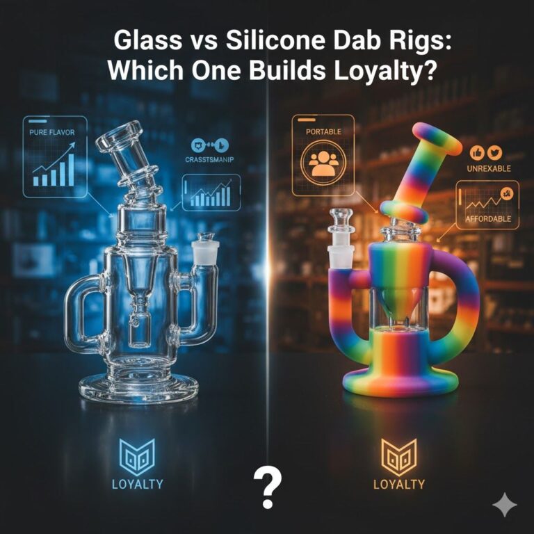 Comparison infographic contrasting clear glass dab rig pure flavor with rainbow silicone dab rig portability