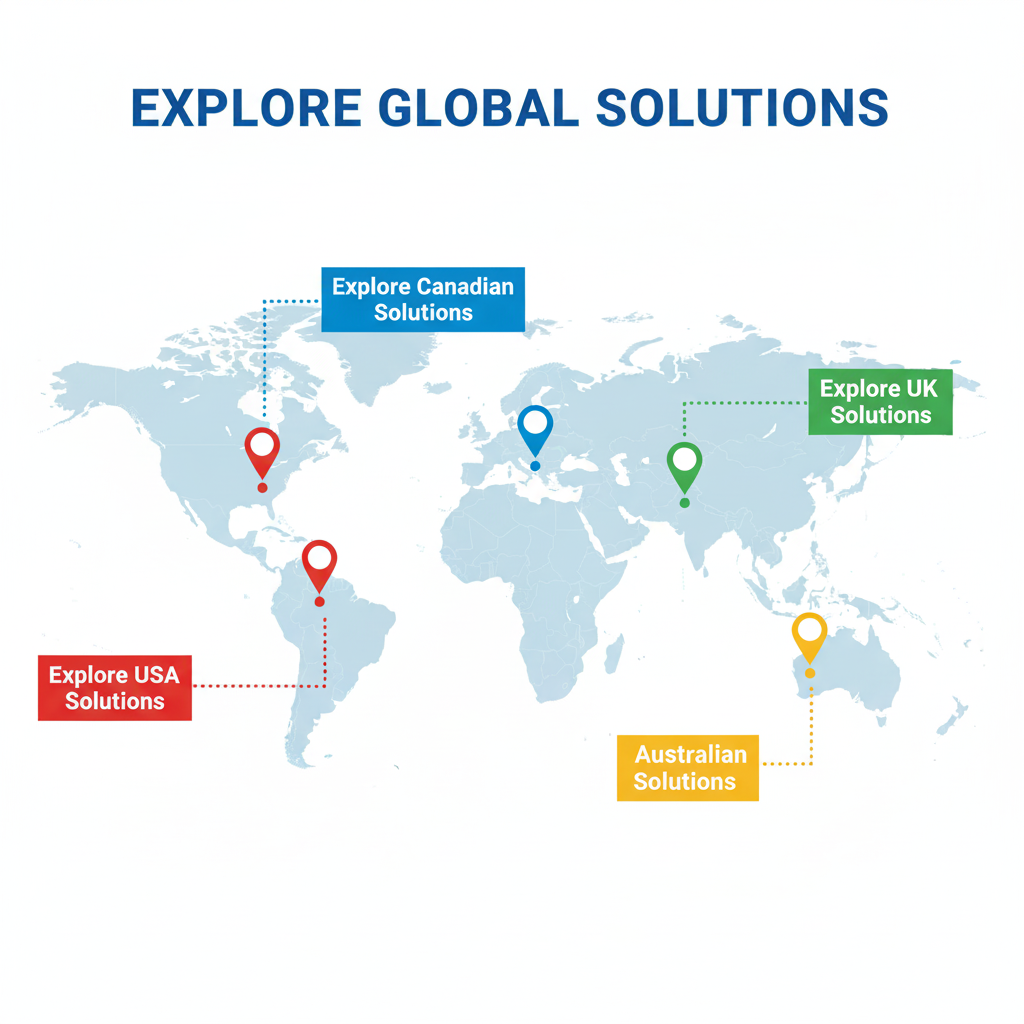 World map highlighting USA Canada UK and Australia solutions