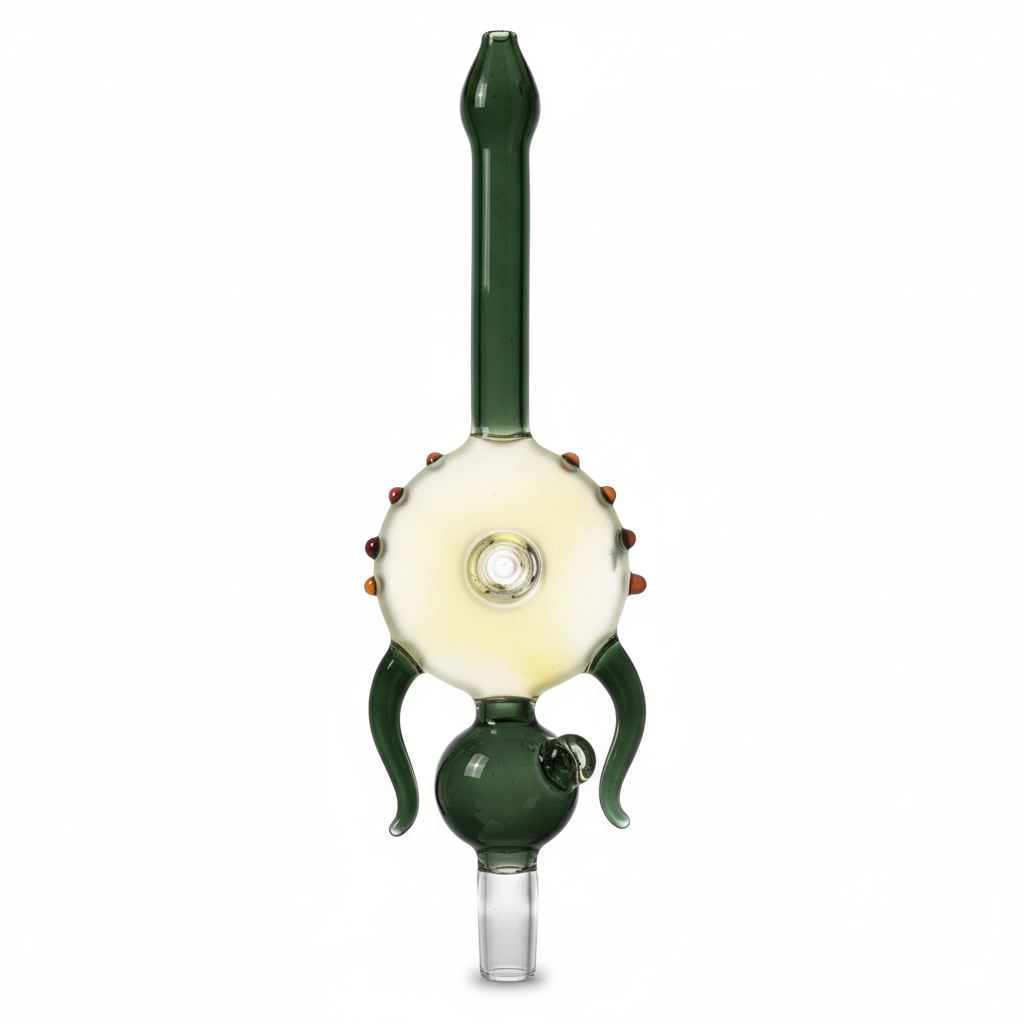Decorative green glass bong downstem with cream beaded chamber amber spheres and clear joint on white background