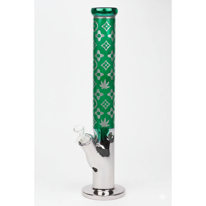 Green glass bong with silver fumed etched patterns and chrome base showing metallic accent details