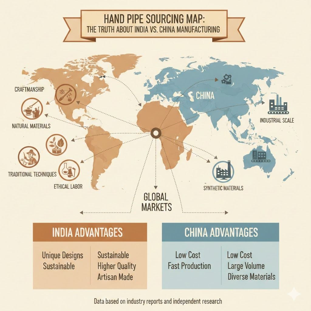 World map infographic comparing India artisan hand pipe manufacturing advantages with China industrial scale