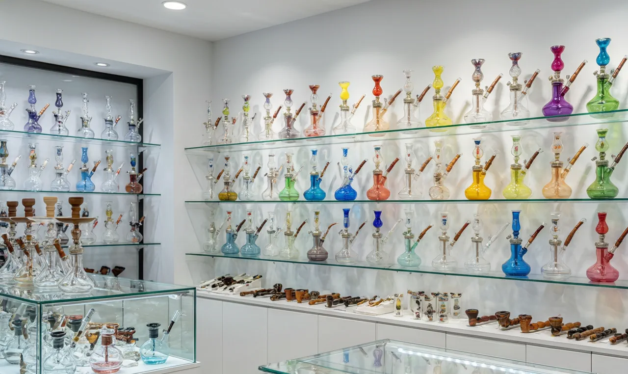Head shop interior with glass display counters and shelves of water pipes