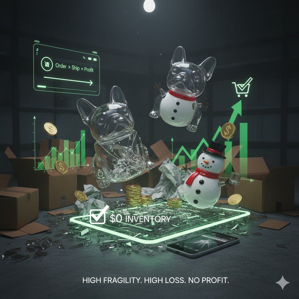 High fragility high loss no profit warning graphic showing broken glass snowmen and cracked inventory tablet