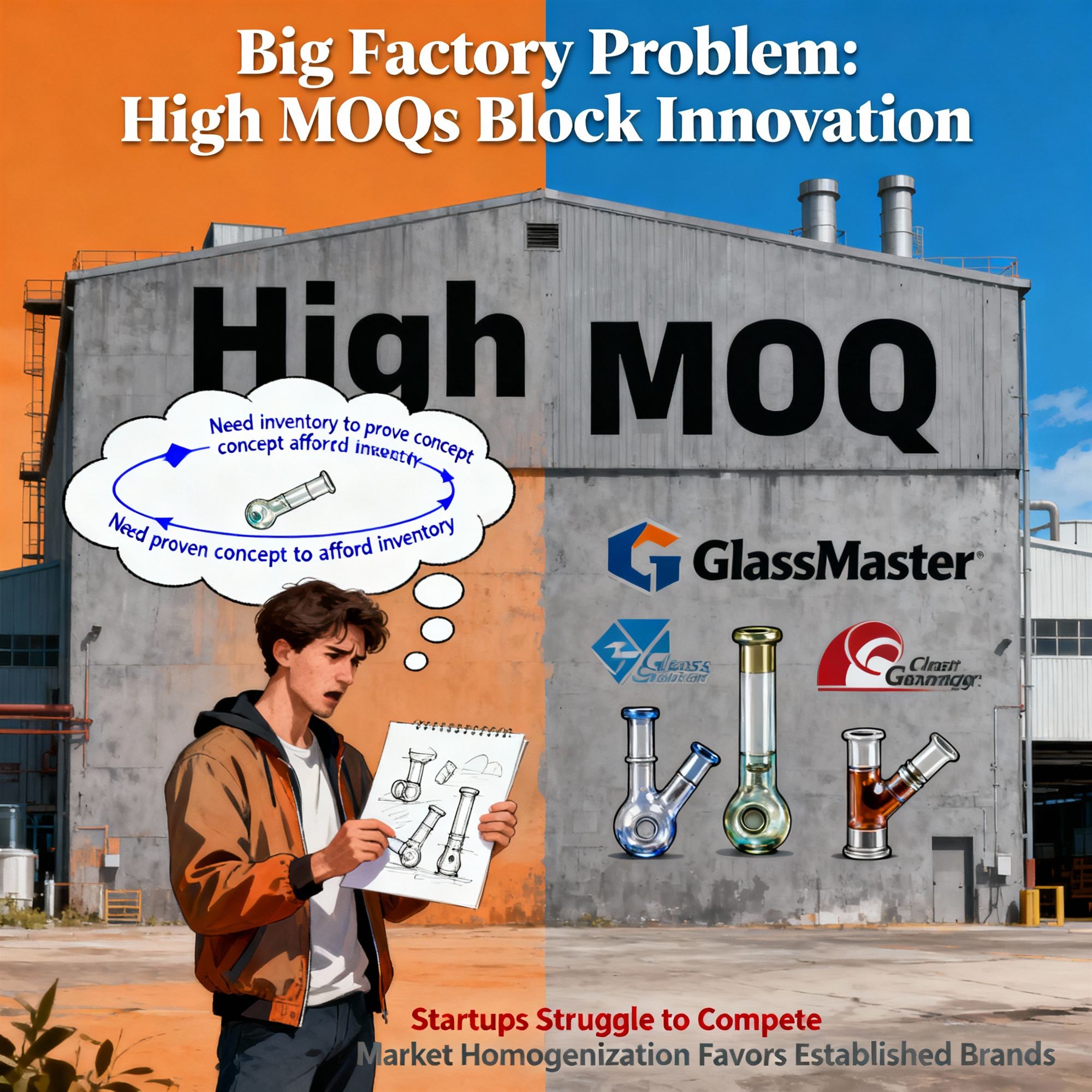 Infographic showing high MOQ factory problem where big minimum orders block startup glass pipe innovation