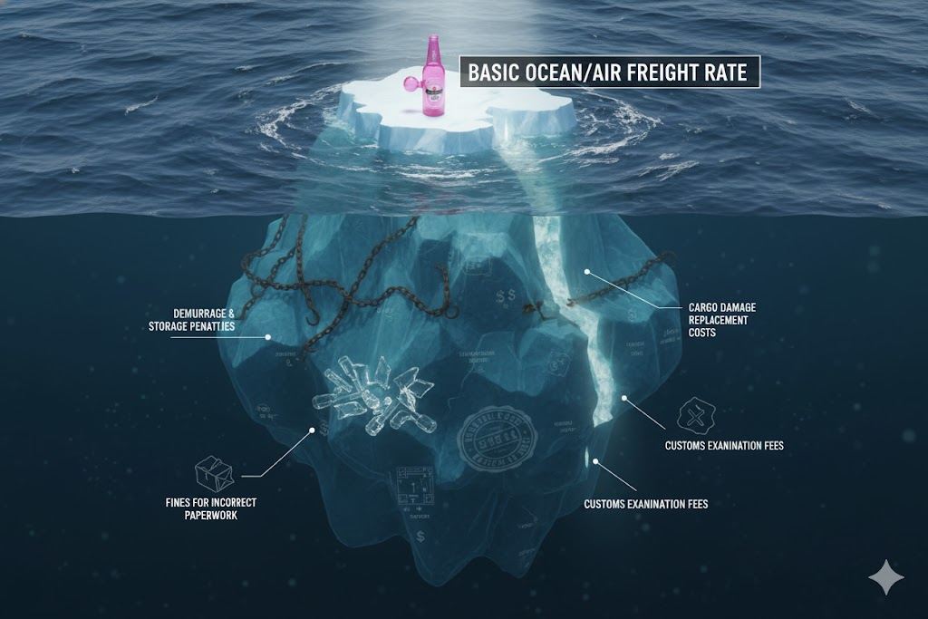 Iceberg graphic revealing hidden demurrage customs and cargo damage costs behind basic freight rates