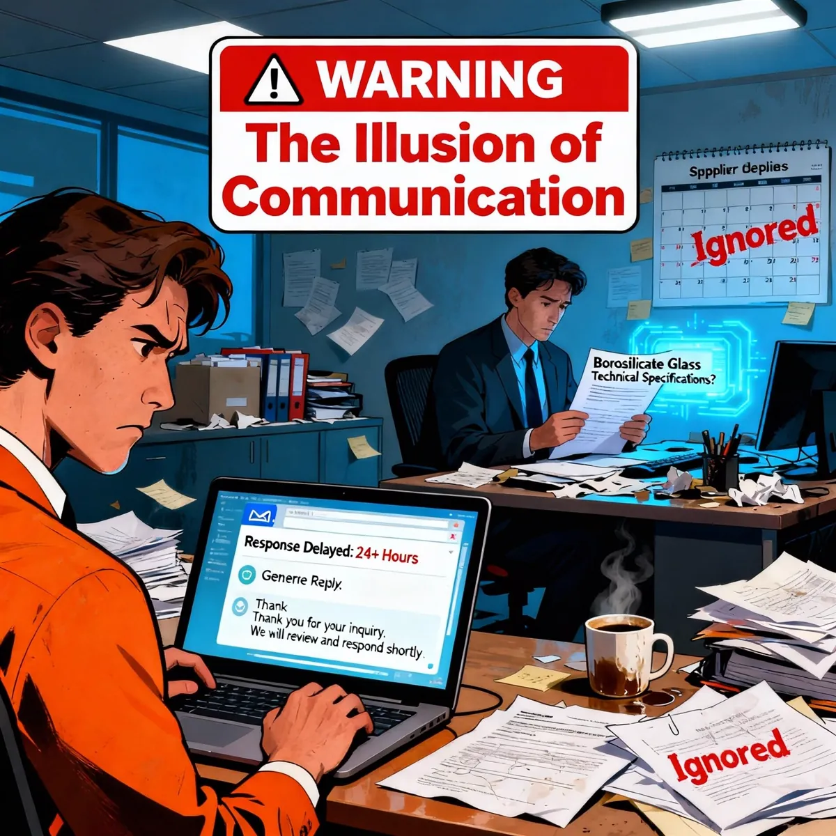 Warning illustration of ignored emails delayed supplier replies in office