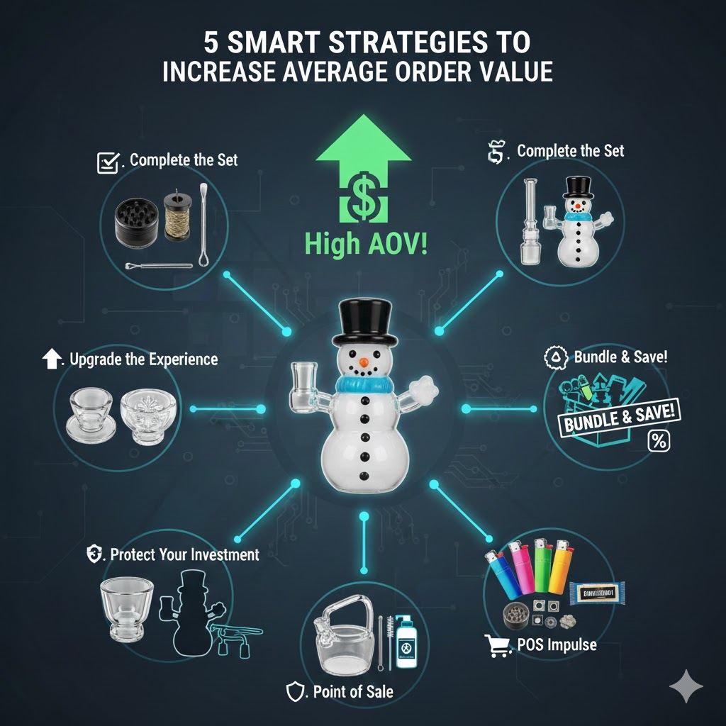 Average order value strategies infographic with snowman mascot glass pipe and retail upsell tactic icons