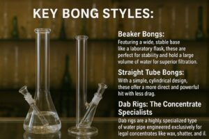 Infographic comparing beaker bong, straight tube bong and dab rig glass water pipe styles