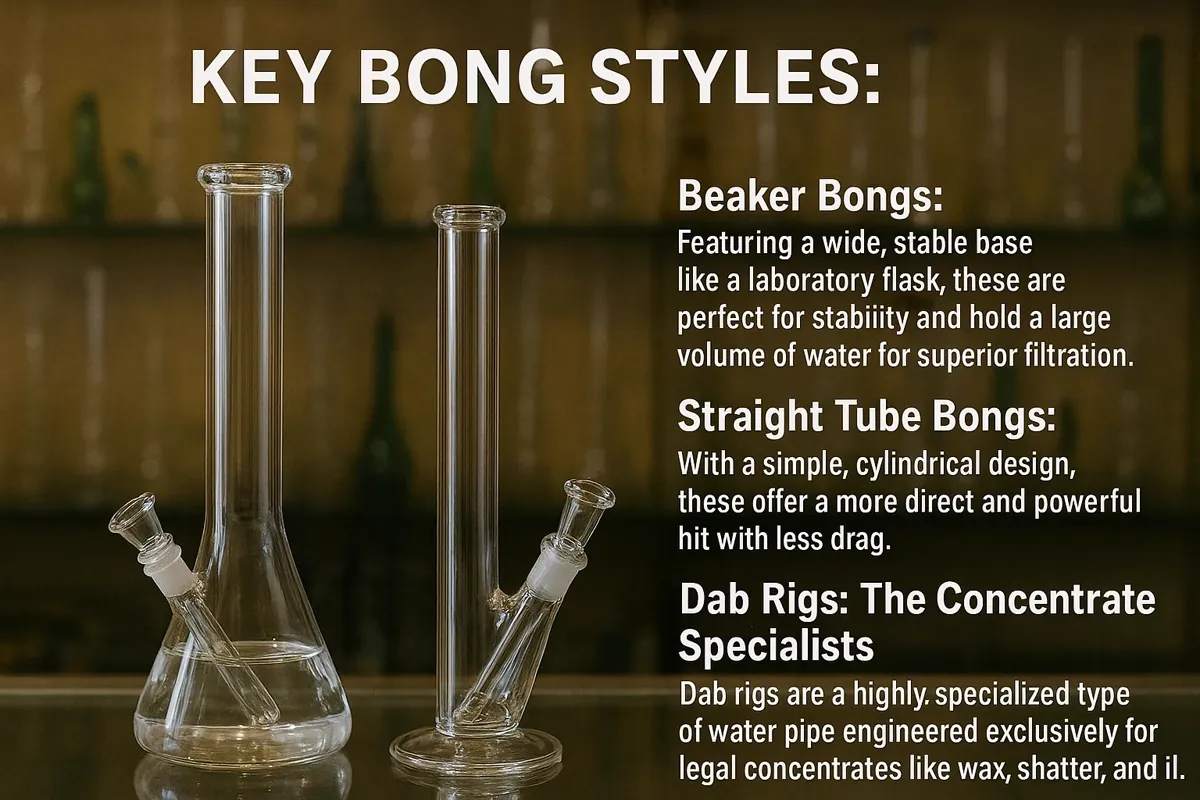 Infographic comparing beaker bong straight tube bong and dab rig styles