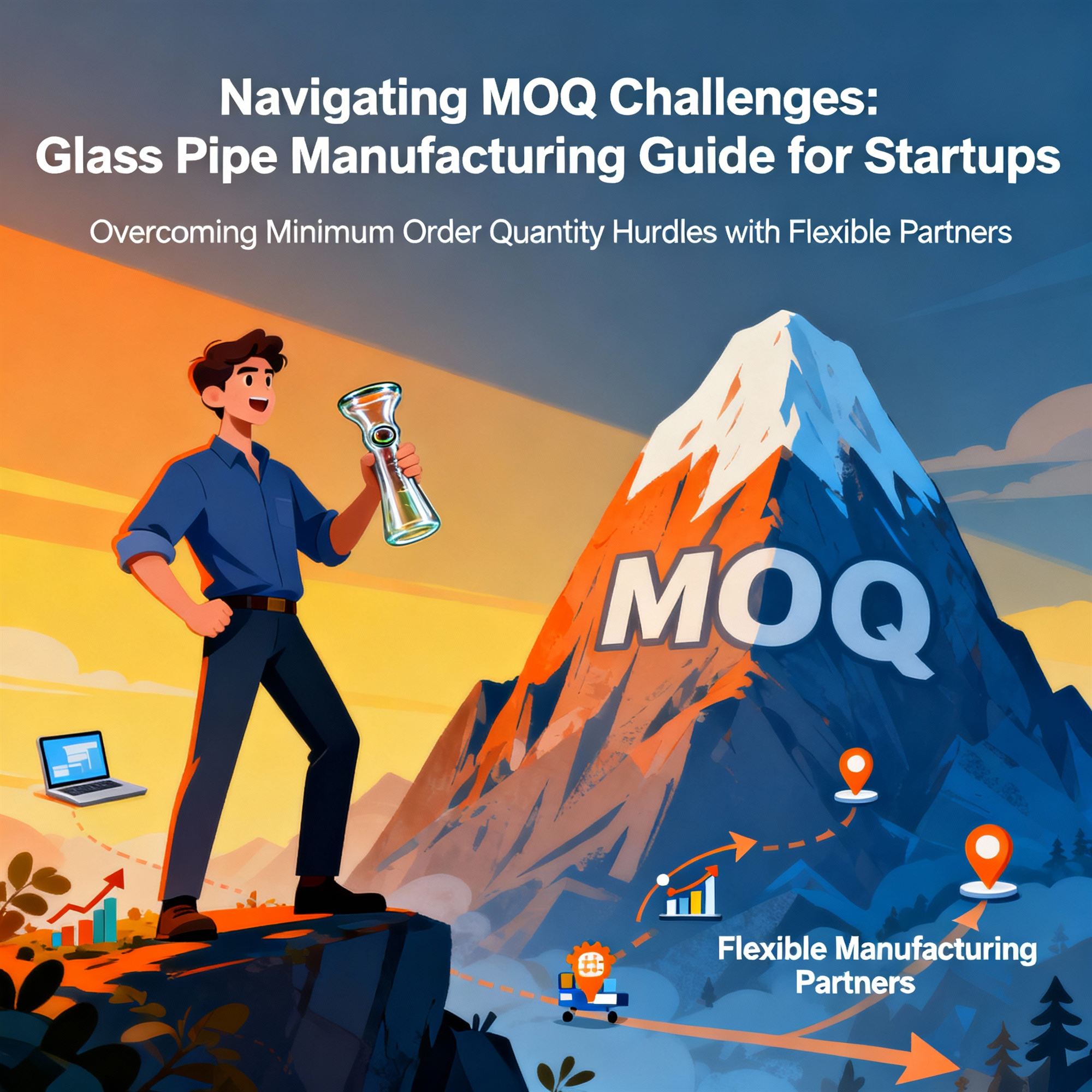 MOQ manufacturing guide infographic showing businessman holding glass pipe climbing mountain, startup wholesale sourcing cover