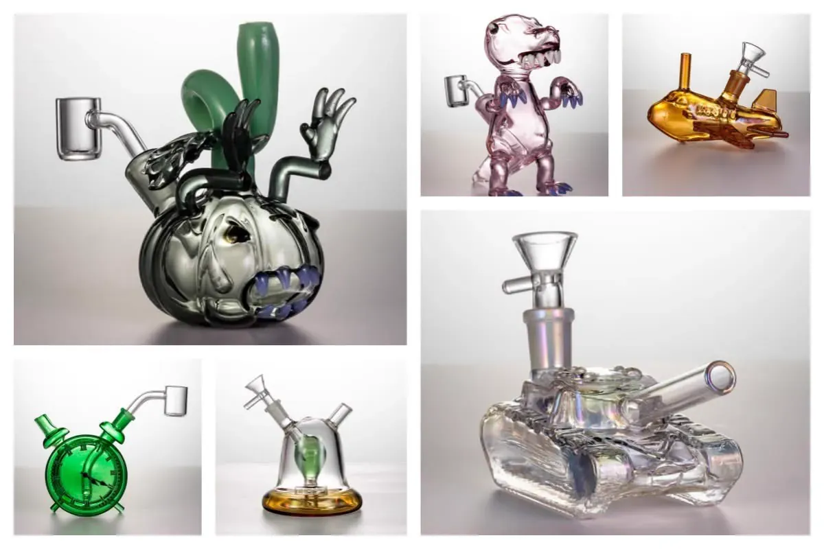 Collage of novelty glass bongs shaped as pumpkin dinosaur airplane clock tank