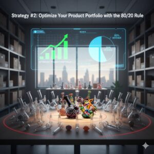 Glass bongs and pipes on a warehouse table beside a holographic 80 20 revenue chart