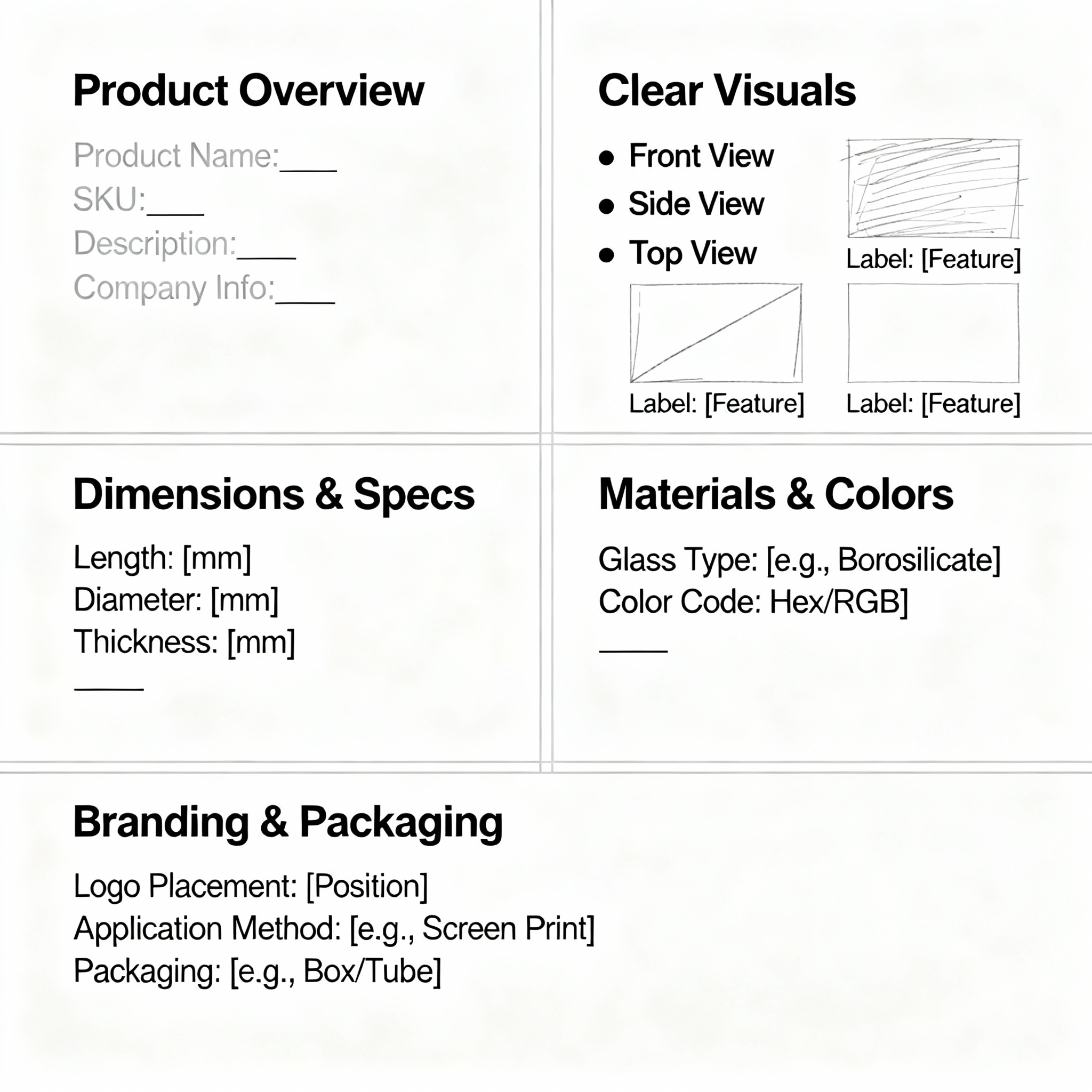 Product specification form template with dimensions