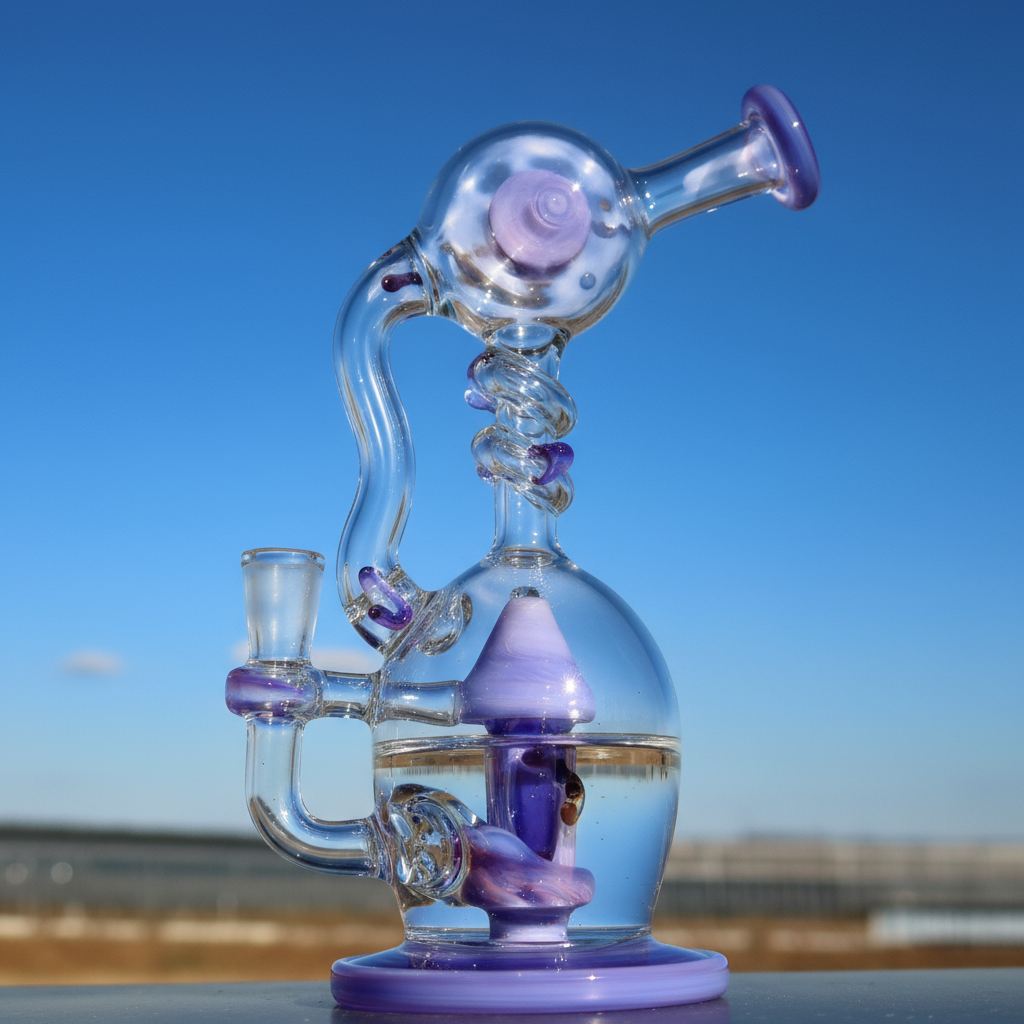 Hand-blown glass bong with purple swirls and spiral percolator photographed outdoors against blue sky