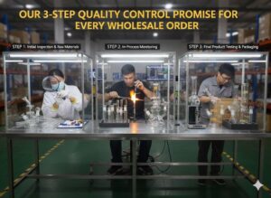 Quality control workstations inspecting glass pipe materials, production and packaging in factory warehouse