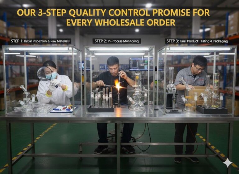 Quality control workstations inspecting glass pipe materials, production and packaging in factory warehouse