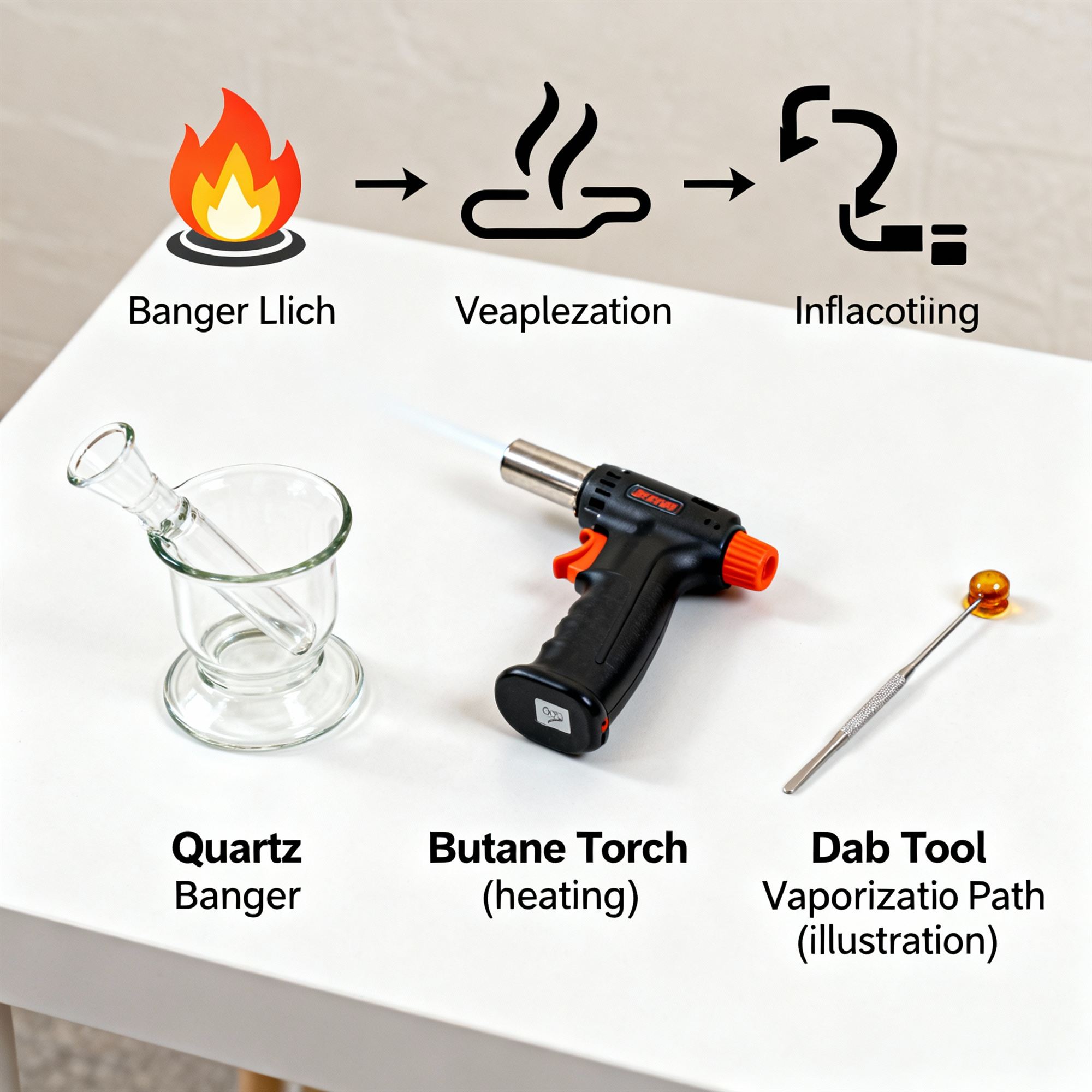 Guide showing quartz banger, butane torch and dab tool for heating and inhaling concentrates