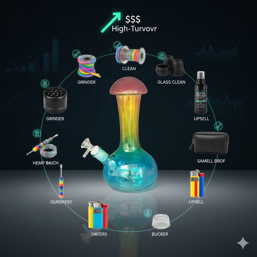 Rainbow gradient glass bong surrounded by grinder lighter cleaning accessories in wholesale upsell infographic