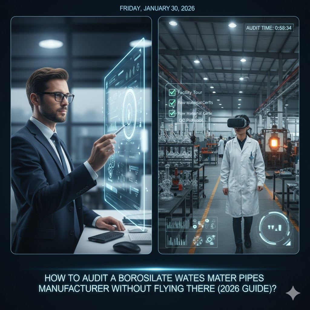 Illustration of remote glass factory audit with businessman holographic dashboard and technician VR headset