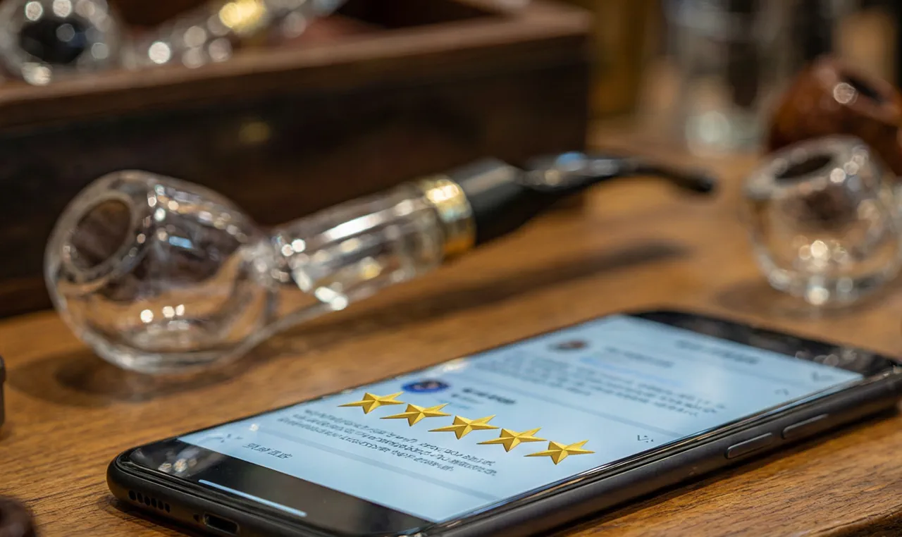 Smartphone on a smoke shop counter showing a five star customer review rating