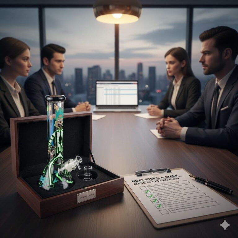 Rick and Morty glass bong displayed in a wooden presentation box at a business meeting