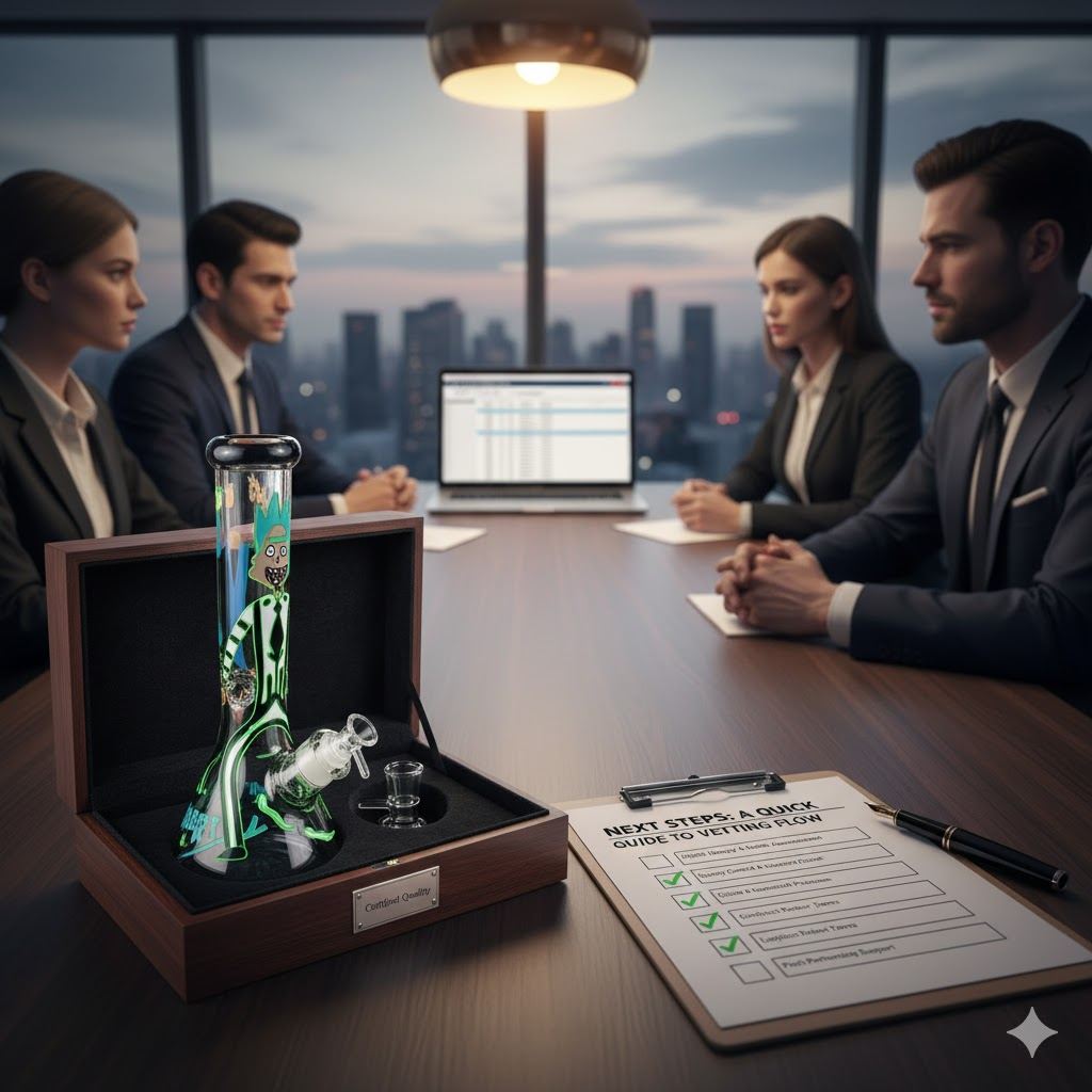 Rick and Morty glass bong displayed in a wooden presentation box at a business meeting