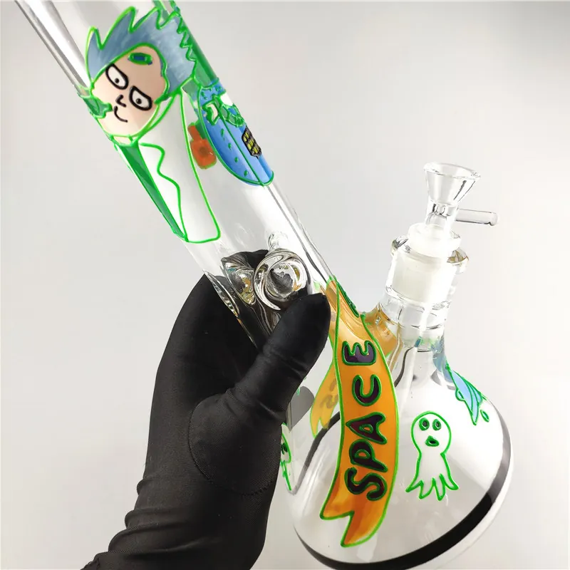 Gloved hand holding Rick and Morty bong with SPACE banner artwork