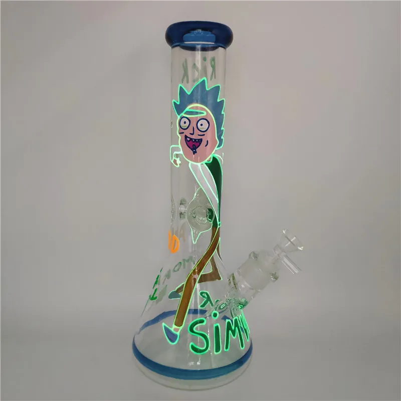 Clear glass bong with neon glow Rick Sanchez artwork and green lettering