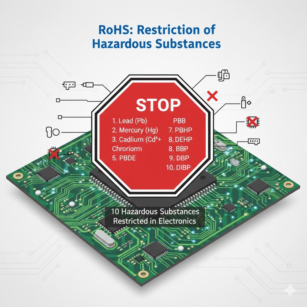 RoHS stop sign infographic listing ten restricted hazardous substances over a green circuit board